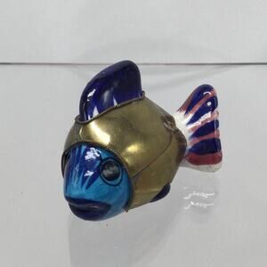 Tonala Mixed Media Pottery Fish Hand Painted and Cladded in Brass